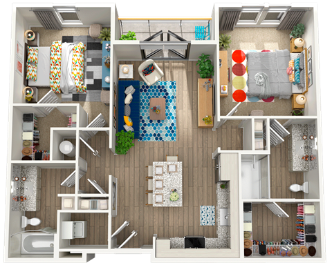 Floor plan for 2 beds, 2 baths, 1019 sqft